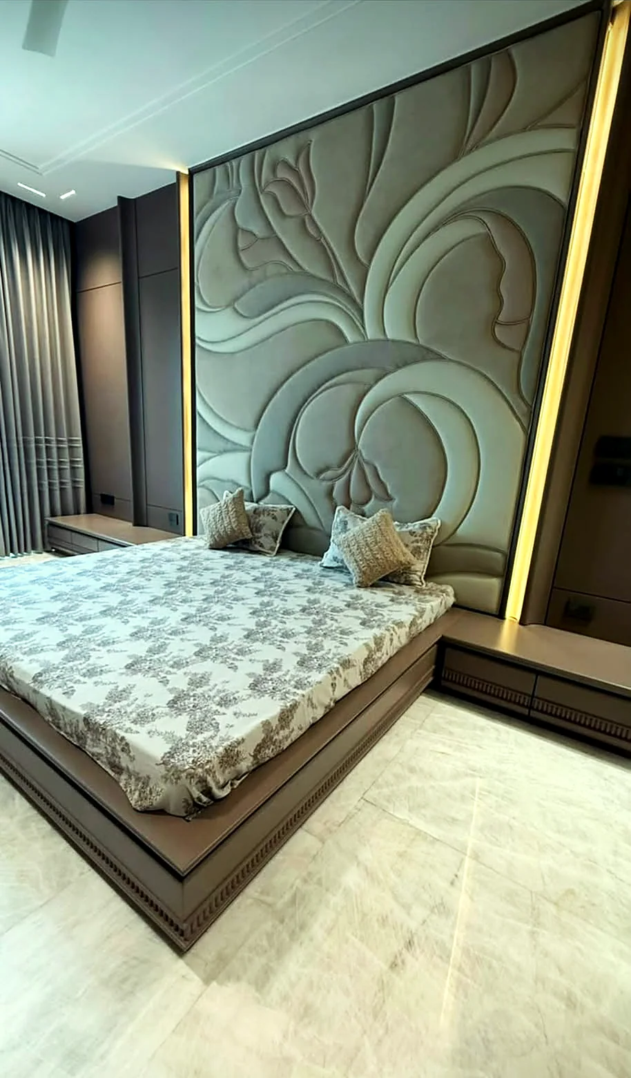 Bed suite with a hand-sculpted lotus relief headwall