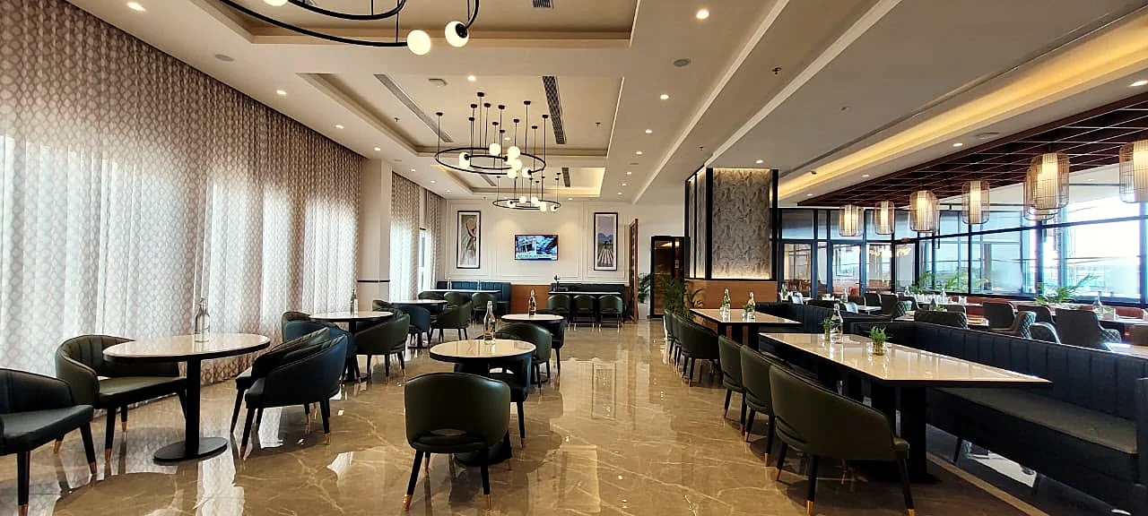 Hotel restaurant interior with custom seating